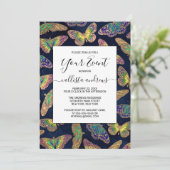 ネイビー金ゴールド蝶グリッター水色パターン 招待状 (スタンド正面)