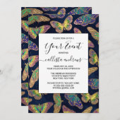 ネイビー金ゴールド蝶グリッター水色パターン 招待状 (正面/裏面)