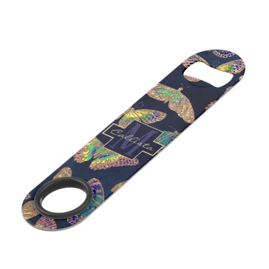 ネイビー金ゴールド蝶グリッター水色モノグラム スピード栓抜き (正面アングル)