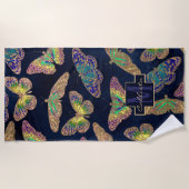 ネイビー金ゴールド蝶グリッター水色モノグラム ビーチタオル (正面)