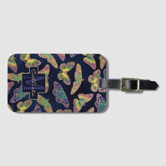 ネイビー金ゴールド蝶グリッター水色モノグラム ラゲッジタグ (正面横)