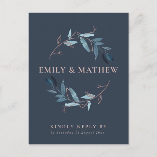 ネイビー金ゴールド観葉水色リース結婚式RSVP インビテーションポストカード (正面)