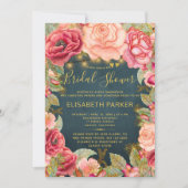 ネイビー金ゴールド赤面ピンクローズライトブライダルシャワー 招待状 (正面)