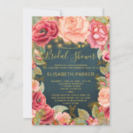 ネイビー金ゴールド赤面ピンクローズライトブライダルシャワー 招待状