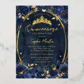 ネイビー金ゴールド魅惑フローラバタフライキンセアニェラ 箔招待状 (正面)