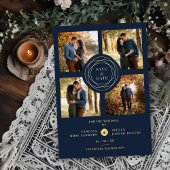 ネイビー金ゴールド4枚モダンの写真結婚コラージュの脚本 箔招待状