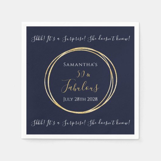 ネイビー金ゴールド50thサプライズ誕生日パーティー スタンダードカクテルナプキン (正面)