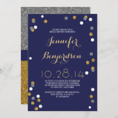 ネイビー金ゴールド&シルバー紙吹雪ブライダルシャワー 招待状 (正面/裏面)