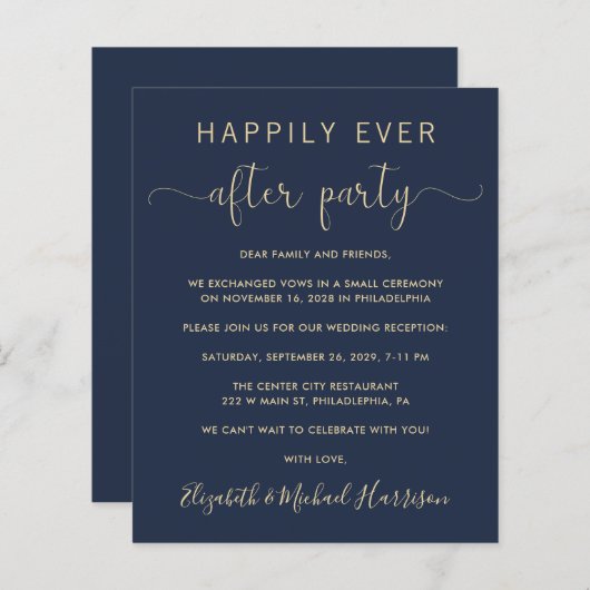 ネイビー金ゴールドQRコード結婚式レセプション招待状 (正面/裏面)