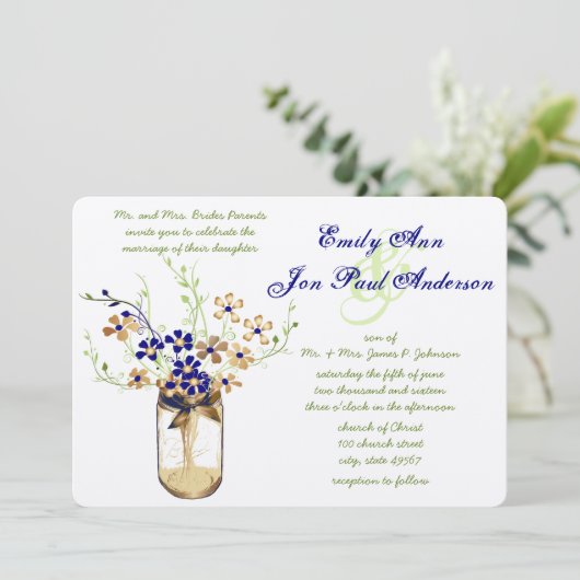 ネイビー銅と緑のメイスンジャール野生の花 招待状 (スタンド正面)