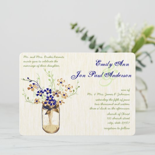 ネイビー銅と緑のメイスンジャール野生の花 招待状 (スタンド正面)