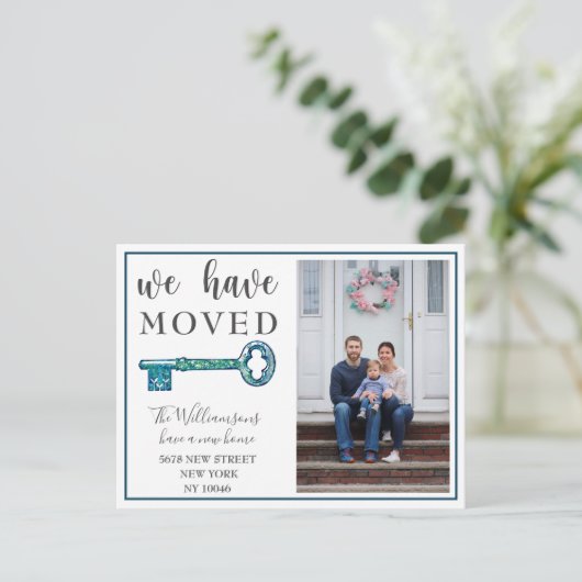 ネイビー鍵写真を移動のお知らせ 案内ポストカード (スタンド正面)