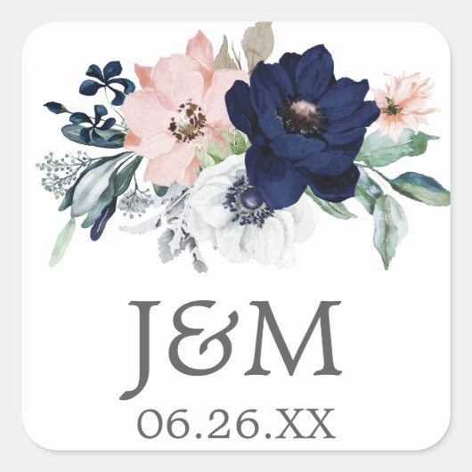 ネイビー開花封筒用シール- Favy Stickers スクエアシール (正面)