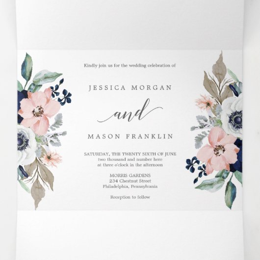 ネイビー開花結婚ズ三折招待状RSVP 三つ折り招待状 (内部中)