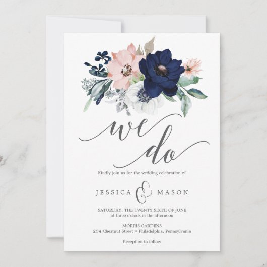 ネイビー開花結婚式招待状 招待状 (正面)