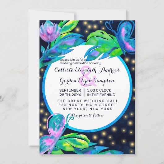 ネイビー離れバタフフローラの水結婚色 招待状 (正面)