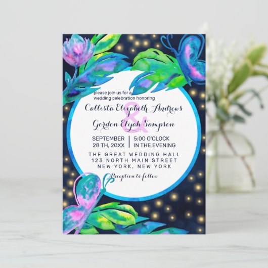 ネイビー離れバタフフローラの水結婚色 招待状 (スタンド正面)