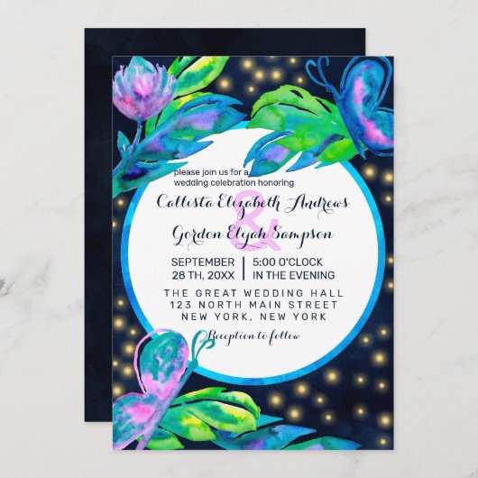 ネイビー離れバタフフローラの水結婚色 招待状 (正面/裏面)