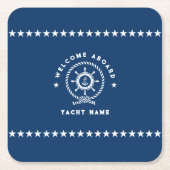 ネイビー青と白航海のの船輪ロープ結び スクエアペーパーコースター (正面)
