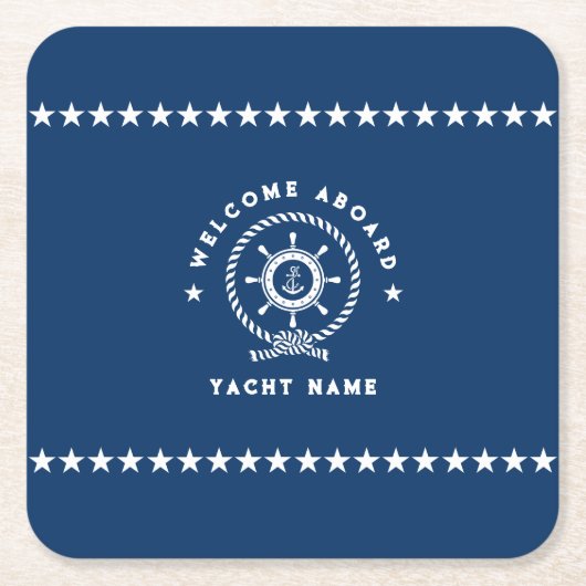 ネイビー青と白航海のの船輪ロープ結び スクエアペーパーコースター (正面)