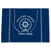 ネイビー青と白航海のの船輪ロープ結び ラージペーパーバッグ (正面)