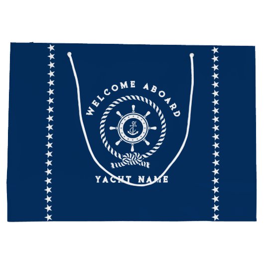 ネイビー青と白航海のの船輪ロープ結び ラージペーパーバッグ (裏面)