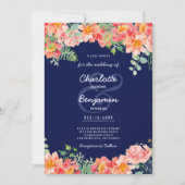 ネイビー青の水色のコーラルピンクの植物性結婚の 招待状 (正面)