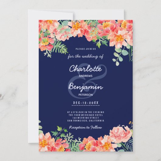 ネイビー青の水色のコーラルピンクの植物性結婚の 招待状 (正面)