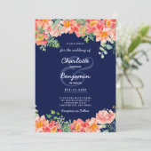 ネイビー青の水色のコーラルピンクの植物性結婚の 招待状 (スタンド正面)