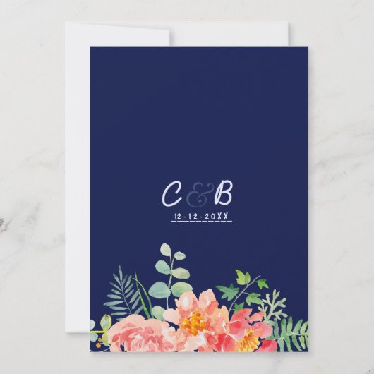 ネイビー青の水色のコーラルピンクの植物性結婚の 招待状 (裏面)