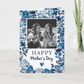 ネイビー青フローラ水彩詩の写真母の日 カード (正面)