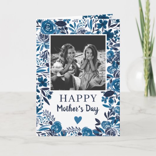 ネイビー青フローラ水彩詩の写真母の日 カード (正面)