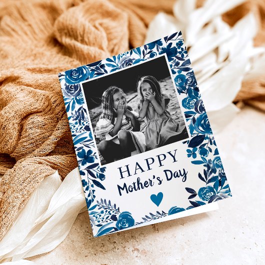 ネイビー青フローラ水彩詩の写真母の日 カード