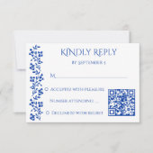 ネイビー青ヴィンテージ縁ど結婚フローラのqr 出欠カード (正面)