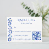 ネイビー青ヴィンテージ縁ど結婚フローラのqr 出欠カード (スタンド正面)