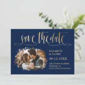 ネイビー青金ゴールドス結婚クリプトの写真の保存日 セーブザデート (スタンド正面)