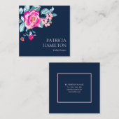 ネイビー鮮やかブルーにホットピンクの花の模様 スクエア名刺 (正面/裏面)