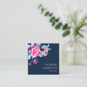 ネイビー鮮やかブルーにホットピンクの花の模様 スクエア名刺 (スタンド正面)