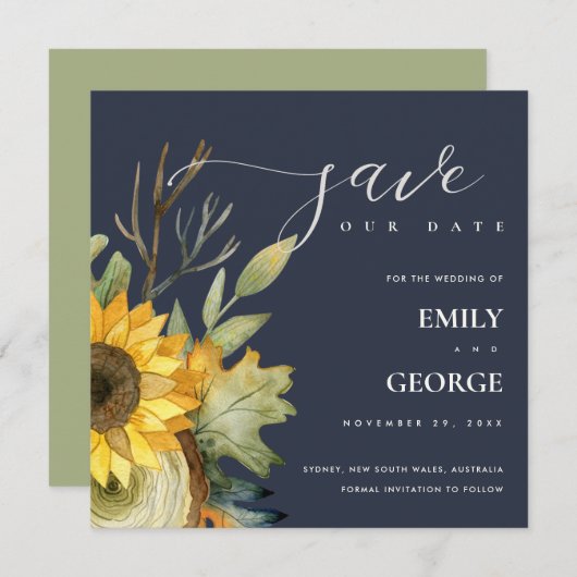 ネイビー黄色のひまわりフローラは日付カードを保存 サンキューカード (正面/裏面)