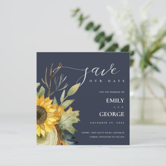 ネイビー黄色のひまわりフローラは日付カードを保存 サンキューカード (スタンド正面)