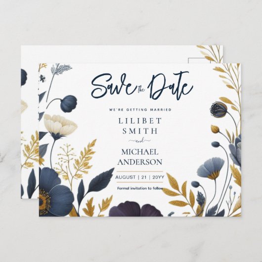 ネイビー黄色の金ゴールドフローラの保存エレガント ポストカード (正面/裏面)