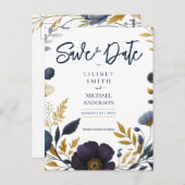 ネイビー黄色の金ゴールドフローラの保存エレガント ポストカード (正面/裏面)