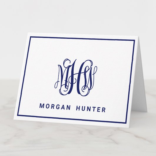 ネイビー3イニシャルつる植物スクリプトモノグラムDIY BG ノートカード