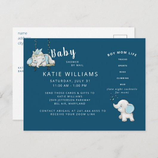 ネイビー かわいい ユーモア 男の子 ママ ライフ 赤ちゃんのお披露目 メールで 案内ポストカード (正面/裏面)