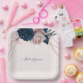 ネイビー&ほこりっぽいバラの花ピンク ペーパープレート (パーティー)