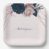 ネイビー&ほこりっぽいバラの花ピンク ペーパープレート (正面)