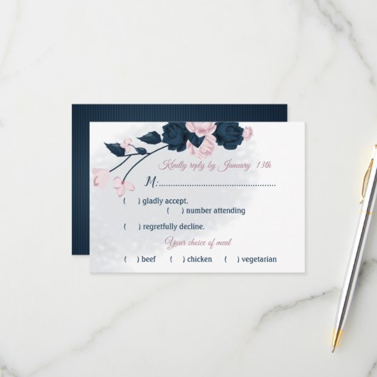 ネイビー&ほこりっぽいバラ花の食事の選択 出欠カード (正面/裏面インサイチュ)
