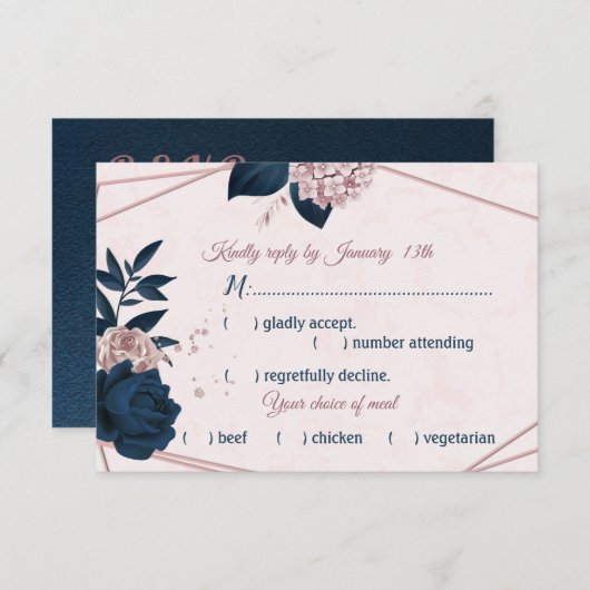 ネイビー&ほこりっぽいバラ花ジオメトリックな食事の選択 出欠カード (正面/裏面)