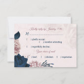 ネイビー&ほこりっぽいバラ花花給料選択RSVPカード 出欠カード (正面)