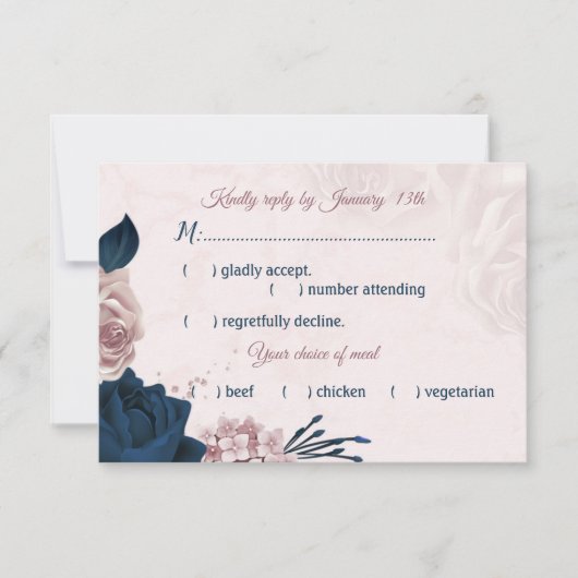 ネイビー&ほこりっぽいバラ花花給料選択RSVPカード 出欠カード (正面)